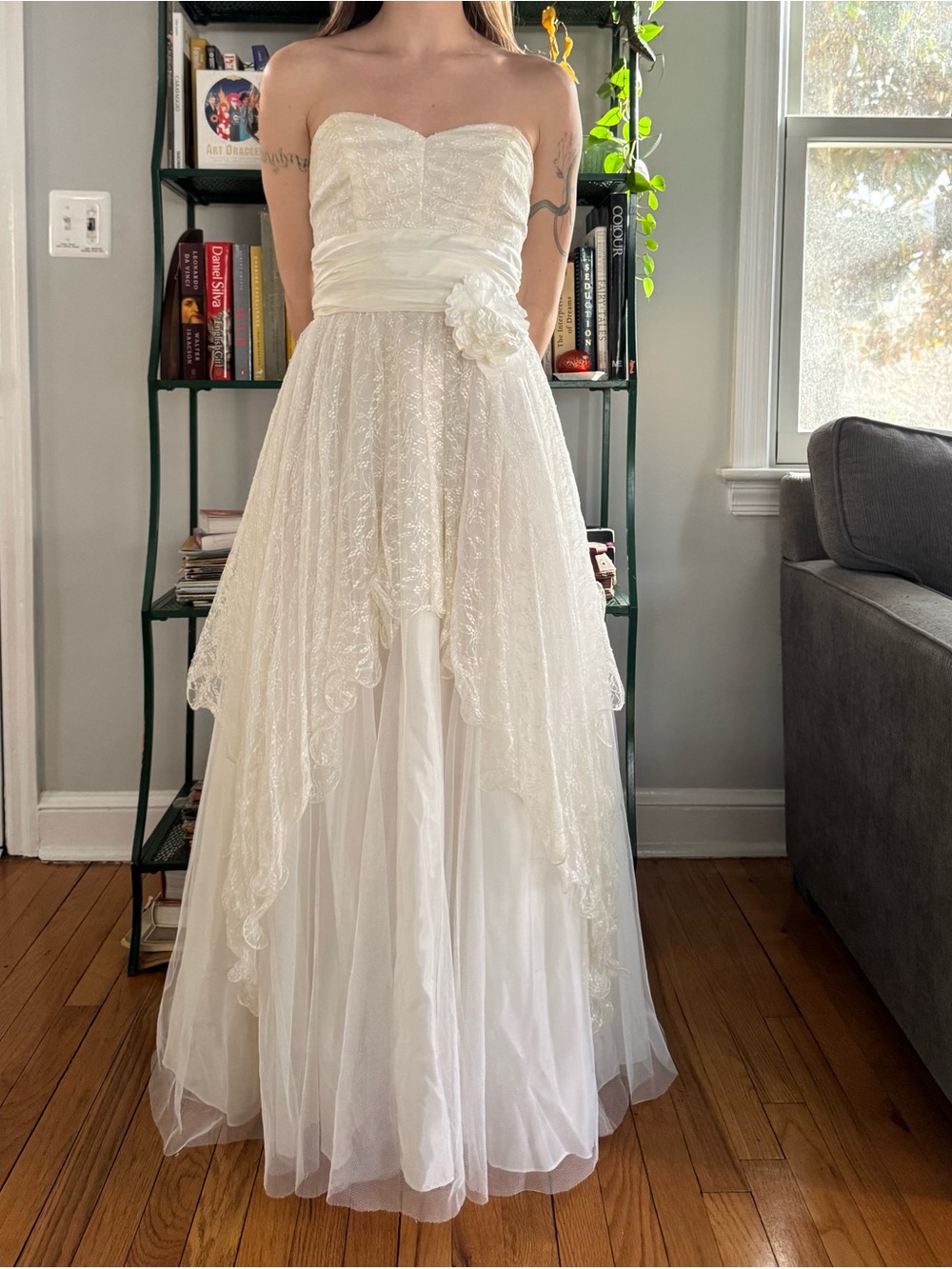Vintage Strapless Ivory Lace Overlay Wedding Gown with Floral Waist Accent